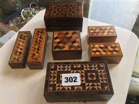 Tunbridge Ware - 2 half square mosaic boxes & 5 cube boxes